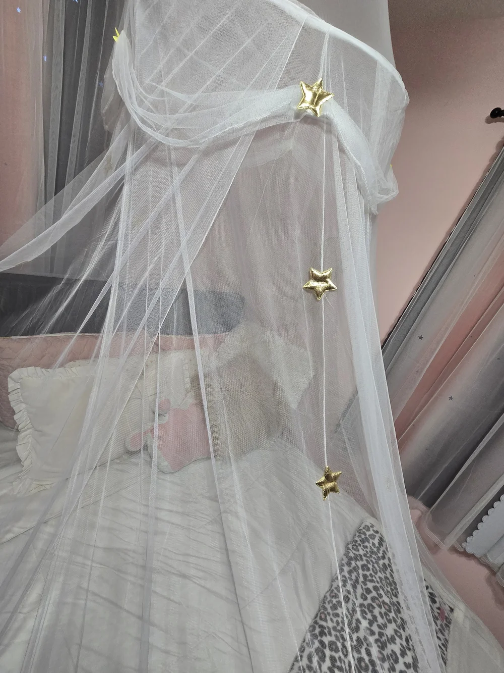White Canopy Bed Net with Gold Star Accents - Home Bedding